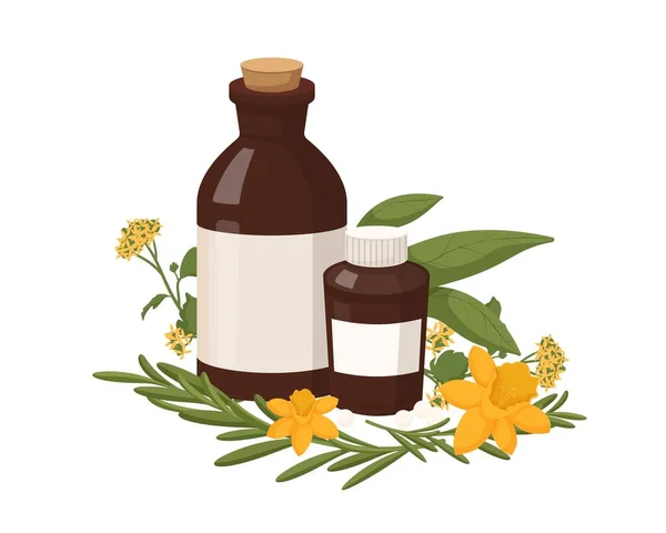 Homeopátiás természetgyógyászat. Egészséges organikus kezelés két barna palack olaj kivonatok gyógynövények. — Stock Vector