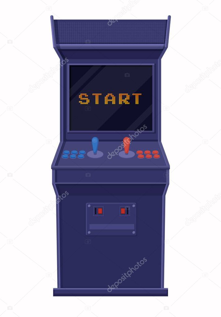 Arcade game machine included. Retro blue game console with black screen and inscription start.
