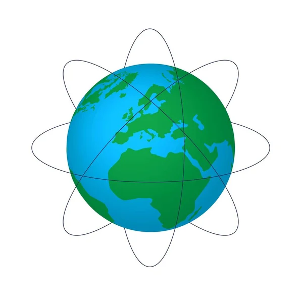 Pianeta terra con orbite. Rete orbitale globale attorno al pianeta . — Vettoriale Stock