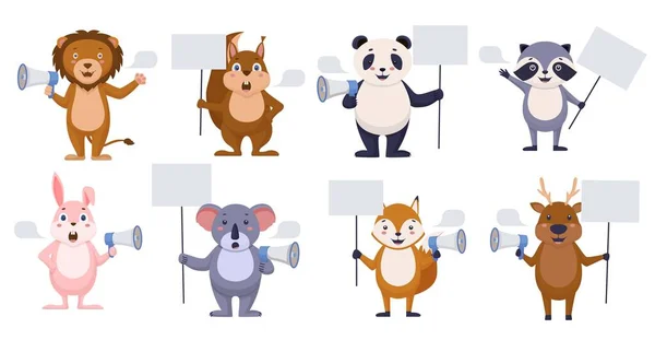 Organizatorzy zwierząt z pustym transparentem. Szczęśliwy kreskówki zwierzęta z bańki mowy. — Wektor stockowy