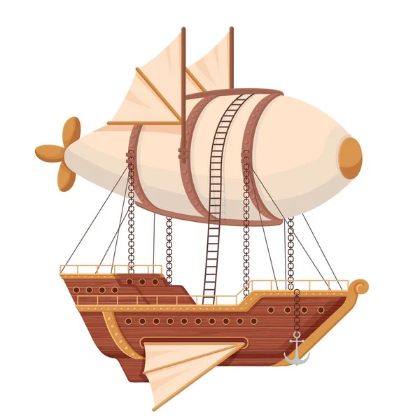 Flying ship airship. Futuristic ship with wings and balloon in technopunk style. — Stock Vector