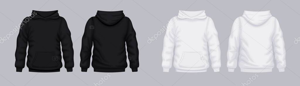 White black hoodie front back mockup. Fashionable template sweatshirt.