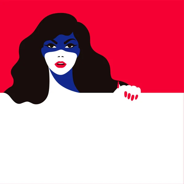 現代の女性は旗を持っている。謎のファッショナブルな女の子青赤とともに彼女の髪保持空のポスター. — ストックベクタ