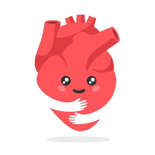 Καρδιά Kawaii αγάπη αυτο κινουμένων σχεδίων. Η χαρούμενη κόκκινη καρδιά αγκαλιάζει τον εαυτό του με τα χέρια του.. — Διανυσματικό Αρχείο