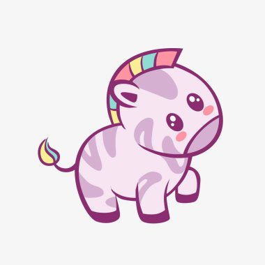 Zebra kawaii çizgi filmi. Gülen küçük zebra gökkuşağı yeleli ve anime tarzı dokunmuş..