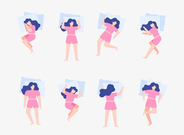 Posición de mujer dormida lista. Chica relajante cuerpo postura cómoda espalda . — Archivo Imágenes Vectoriales