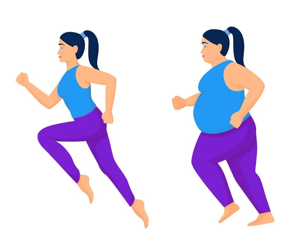Athletic and fat woman. Full obese woman on jog turns into stylish fitness lady. — Stock Vector