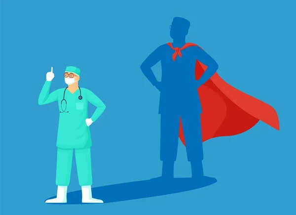 O médico é super-herói. Doutor em roupas cirúrgicas verdes lança sombra de capa vermelha herói . — Vetor de Stock