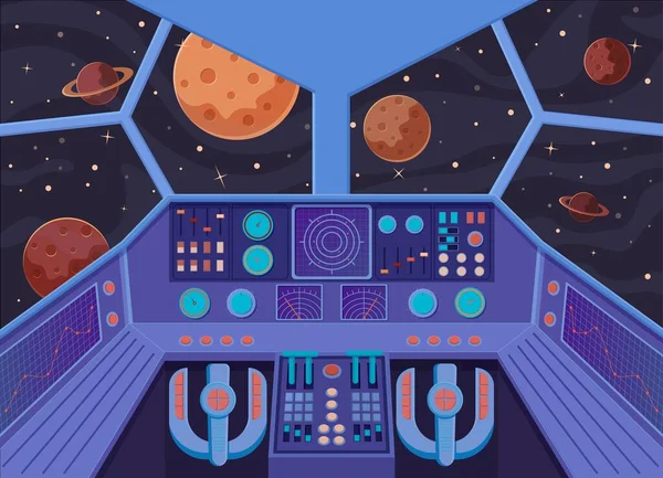 Inre rymdfarkoster. Futuristisk blick från cockpit av stjärn jagare öppen rymd planeter. — Stock vektor