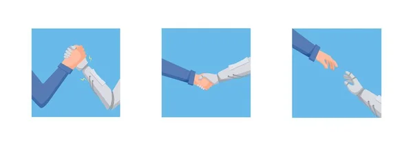 Man is fighting robot concept. Hand character and robot are engaged in arm wrestling conclude truce help each other. — Stock Vector