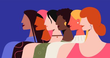 Kadın feminizmi illüstrasyonu. Kadınlar, bütün uluslar gururlu kafalarıyla ataerkil düzene karşı konuşuyorlar..