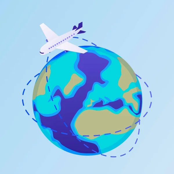 Avião voa em torno da ilustração do mundo. Avião branco de passageiros percorre todo o planeta . —  Vetores de Stock