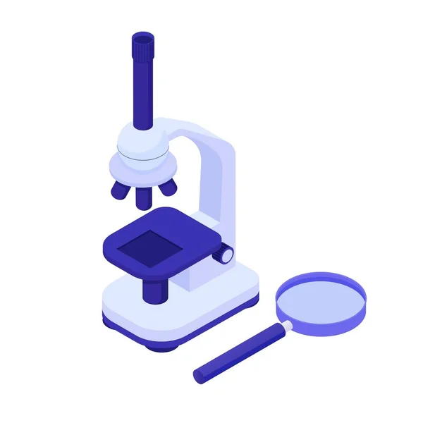 Mikroskop med förstoringsglas illustration. Vetenskapligt biologiskt forskningsverktyg nya sensationella upptäckter. — Stock vektor