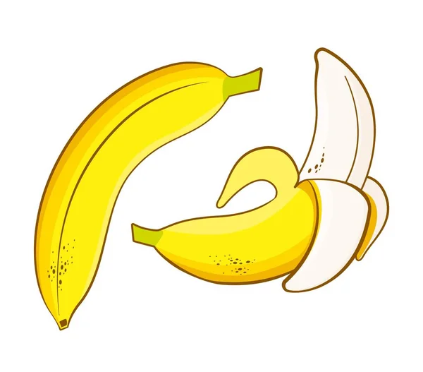 Banana purificata sbucciata. Banana gialla matura con puntini neri metà sbucciati interi strappati da albero fresco brillante vitamina organica. — Vettoriale Stock