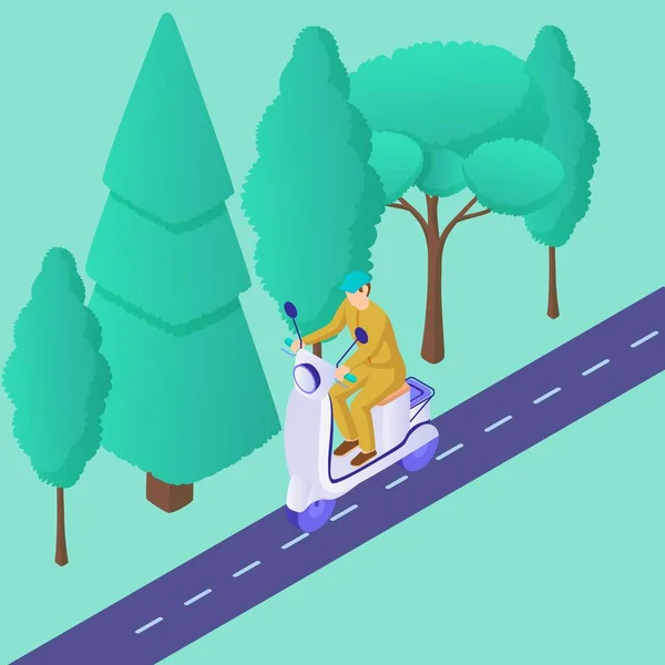 Entrega de correio em scooter. Personagem em scooter branco uniforme amarelo com recipiente de volta montando rodovia . —  Vetores de Stock