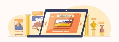 Çevrimiçi müze illüstrasyonu. Kültürel tarihi sergi gösteren Web uygulaması dijital antika sergisi.