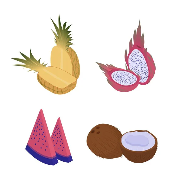 Exotic fruits isometric set. Ripe organic yellow pineapple red ripe juicy dragon pitaya fruit slices with watermelon. — Stock Vector