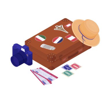 İçinde turistik şeyler olan Retro bavul. Ülkeleri ziyaret eden çıkartmalı eski usul deri çanta..