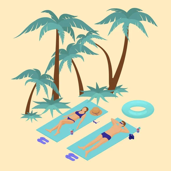 Un par de baños de sol en la playa tropical isométrica. Chico chica mentira litera al lado de goma anillo cóctel hielo y cámara . — Vector de stock