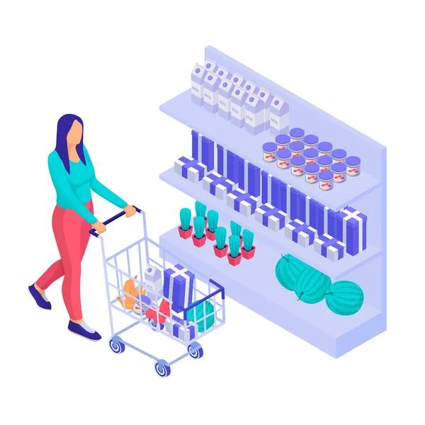 Izometrická ilustrace nákupů v supermarketu. Charakter s vozíkem nakupuje produkty a věci v obchodě. — Stockový vektor