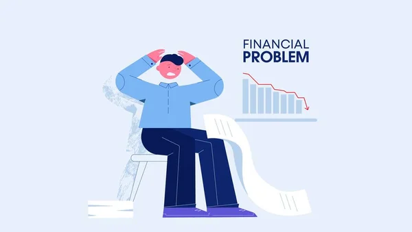 Problèmes financiers dette concept. Homme d'affaires désespéré tenant la main derrière la tête à côté de la chute des stocks de cartes. — Image vectorielle