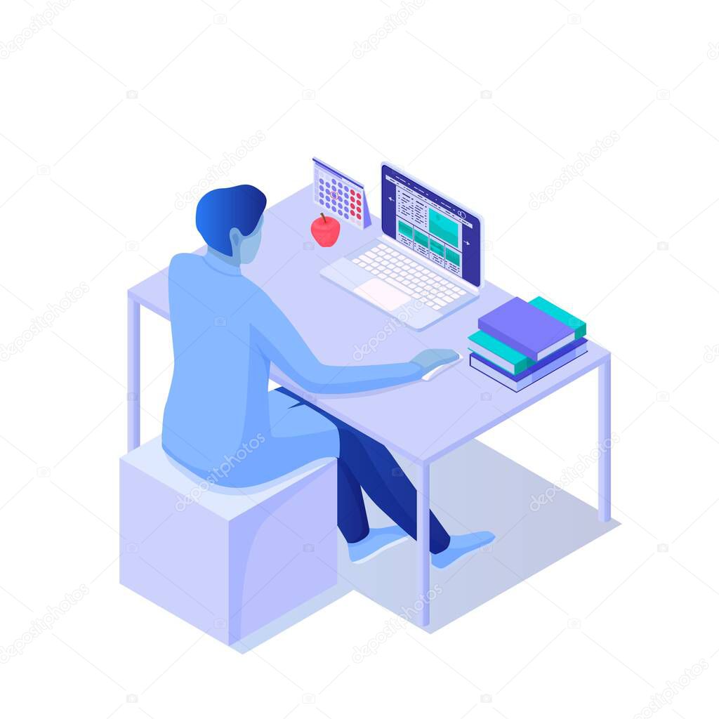 Man sitting at desktop with laptop isometric illustration. Character using behind open device.