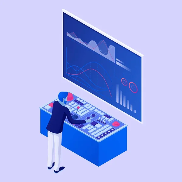 Caráter conduz web analytics conceito isométrico. Homem com painel de controle testando desenvolvimento de estratégia analítica . —  Vetores de Stock