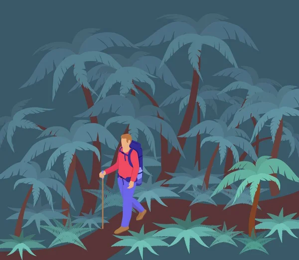 Viajero en la jungla nocturna. Hombre personaje caminando a lo largo de sendero de selva cubierto en busca de lugar plano durante la noche . — Archivo Imágenes Vectoriales