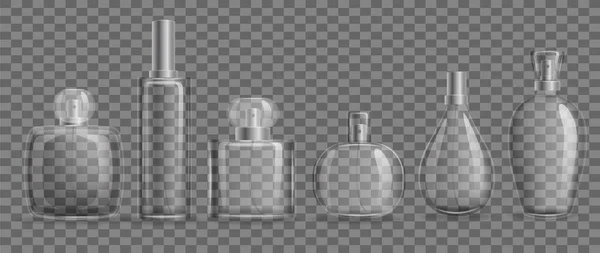 Garrafas de vidro com perfumes conjunto mockup. Modelos realistas elegantes embalagem transparente para perfume gel . —  Vetores de Stock