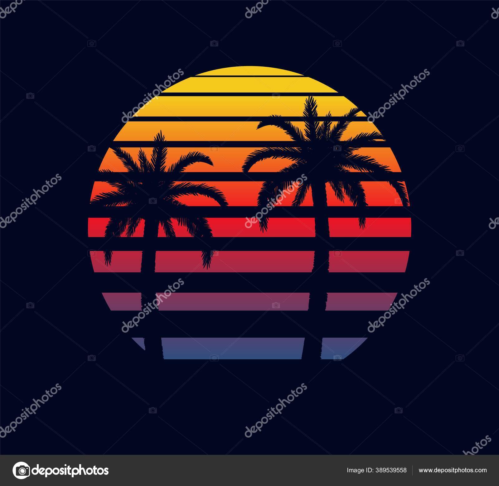 Retro sunset red purple. Two palm trees against background of an abstract  setting sun in strip electronic synthwave. Stock Vector by ©pegasustudio  389539558