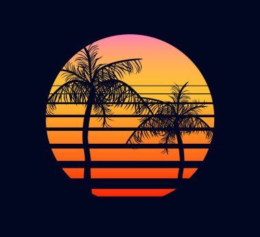 Günbatımı kırmızı turuncu. Batan güneşin muhteşem arka planına karşı soyut iki palmiye ağacı.