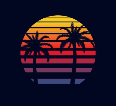 Günbatımı kırmızısı mor. İki palmiye ağacı, soyut bir güneşin elektronik sentetik dalgada batışının arka planına karşı..