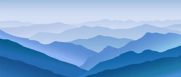 Montagna paesaggio blu. Panorama orizzontale di enormi colline aperte cime lontane coperte di nebbia foschia. — Vettoriale Stock