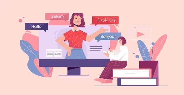 Cursos de idiomas online ilustração. Formação Web em línguas estrangeiras conhecimento linguístico biblioteca de livros electrónicos . —  Vetores de Stock