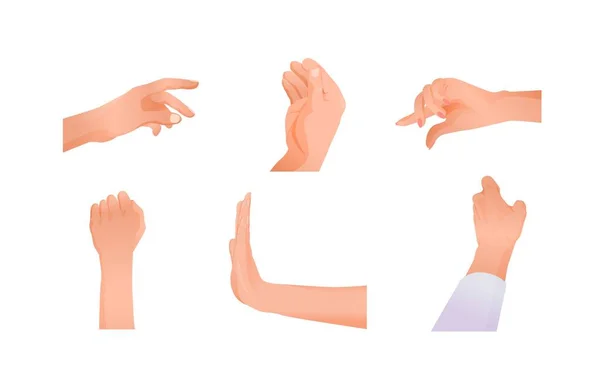 Letreros en las manos. Diferentes símbolos de señales hechas con las manos de la palma hacia adelante parada o negativa . — Vector de stock