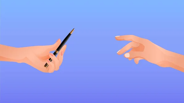 As mãos passam um a outro caneta. Ajuda na escrita retomar a comunicação amigável mensagem ajudando a mão . —  Vetores de Stock