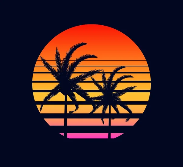 Retro Sonnenuntergang gelb rot. Strahlen Abenduntergang Sonne zwei Palmen elektronische Synthwelle vor dem Hintergrund. — Stockvektor