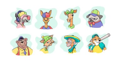 Çizgi filmlerdeki hayvan yüzleri. Şapkalı şık ayı gülümseyen maymun Meksikalı sombrero beysbol sopalı kurnaz zürafa.