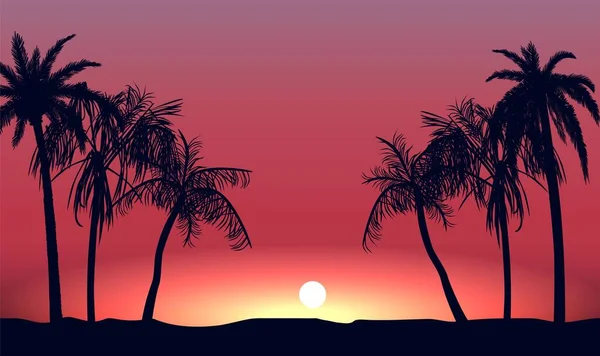 Atardecer rojo y siluetas de callejón de palmeras. Playa tropical nocturna en el sol poniente de fondo . — Vector de stock