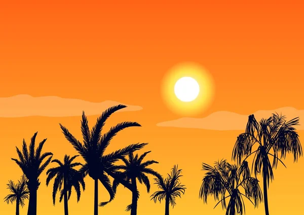 Atardecer caliente noche y siluetas palmeras. Playa tropical sobre fondo naranja brillante puesta de sol . — Vector de stock