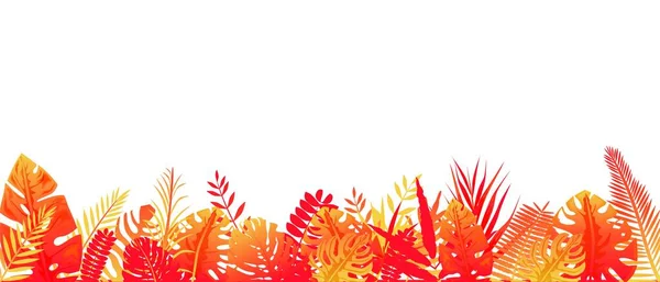 Röd gul ormbunke bakgrund. Horisontell tropisk regnskog dekoration i strålar av nedgående sol. — Stock vektor