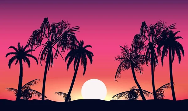 Tramonto e sagome di palme. Spiaggia tropicale sullo sfondo rosa tramonto sole. — Vettoriale Stock