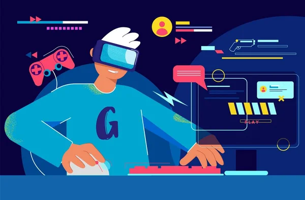Gamer on pc leads online stream illustration. Esportsman wearing virtual reality glasses. — Stock Vector