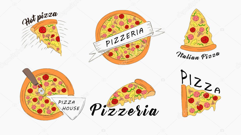 Pizza slices icons banner set. Fast hot Italian fast food juicy slices of pepperoni with mozzarella cheese.
