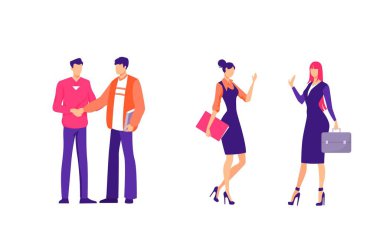 Çalışan illüstrasyonuna selamlar. Kadın ve erkek karakterler birbirlerini tebrik ederler..