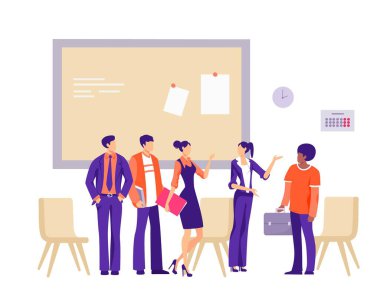 Yeni ofis çalışanı illüstrasyonu. Bir grup işçi yeni arkadaşlar tarafından karşılanıyor..