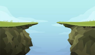 Ledge yarığı boş şablon. Yeşil kaplı yol afişinin ortasında uçurum derin ve tehlikeli bir uçurum.