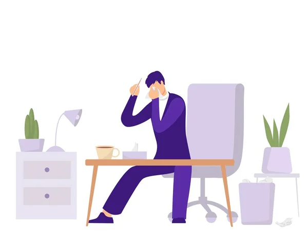 Arbejdstagersygdom på kontoret illustration. Tegn med termometer og løbende næse forsøger at arbejde. – Stock-vektor