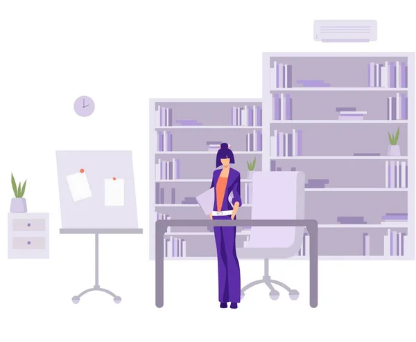 Comptable au bureau. Caractère féminin en costume violet élégant lit les états financiers dans le style moderne de bureau. — Image vectorielle