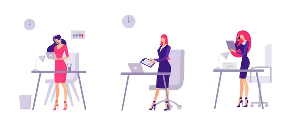Arbejde i kontor ensom medarbejder koncept. Forretningskvinder læser dokumenter virksomhed kvindelig medarbejder ringer. – Stock-vektor